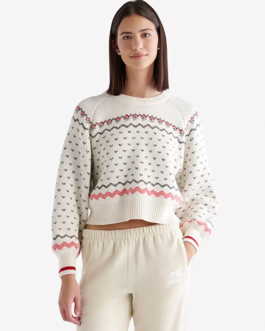 Clearance Roots Cabin Fair Isle Crew Sweater EGRET